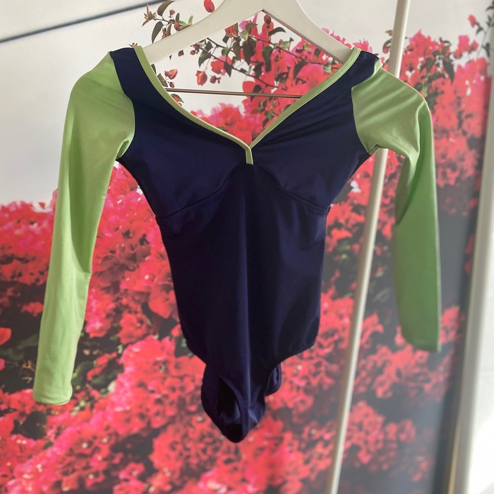 Blue and green leotard with low v-neck